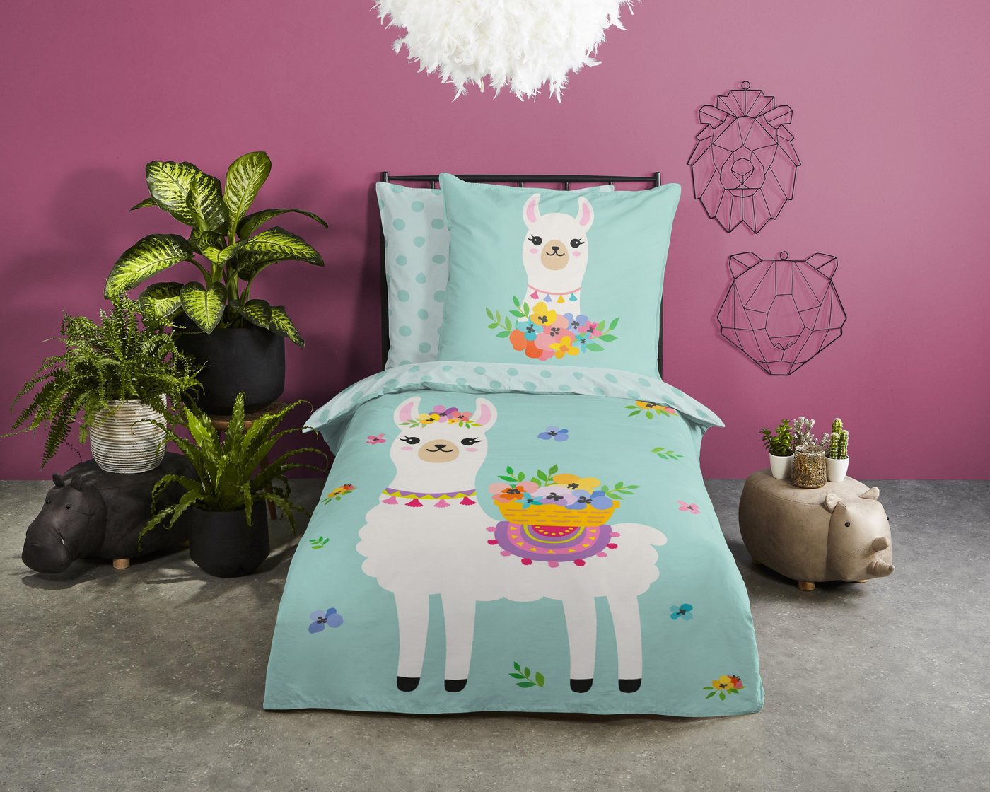 soma Bettwäsche Pastell Alpaka Lama türkis Punkte Blume mint, Bettbezug Kopfkissenbezug Set kuschelig weich hochwertig von soma