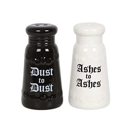 Auffälliges schwarz-weißes Salz- und Pfefferstreuer-Set – 10 cm x 5 cm (1 Set) – gotisches Menage-Set mit weißer Keramik-Mage (Asche zu Asche) und schwarzer Menage (Staub zu Staub), perfekt für Salz- von something different