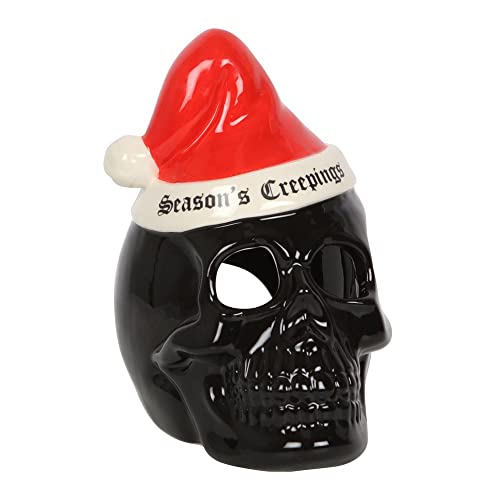 Teelichthalter im Gothic-Stil Season's Creepings, Totenkopf, 16 x 10 cm, Alternative Festliche Dekoration mit schwarzem Totenkopf und Weihnachtsmütze, perfekt für eine gruselige Weihnachtsstimmung, von something different