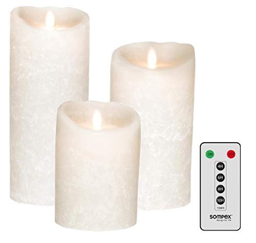 3er SET! Sompex Flame LED Echtwachs Kerze / Kerzen FERNBEDIENBAR V14 Weiss Frost (Frosted Weiss / Weiss gefrostet) 8 x 12,5cm - 8 x 18cm - 8 x 23cm - MIT FERNBEDIENUNG! von sompex