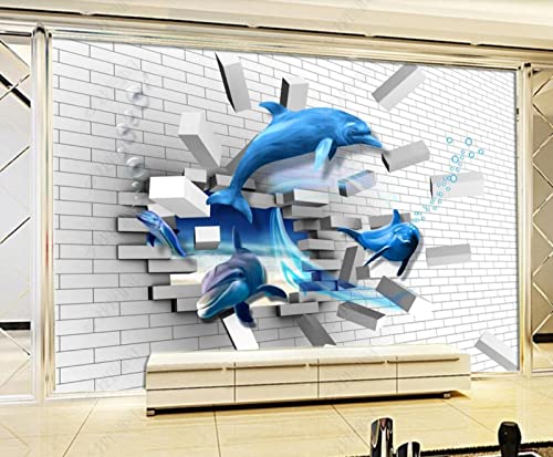 Tapeten Fototapete 3D Effekt Blaue Delphin-Backsteinmauer Wandbilder Wohnzimmer Deko Schlafzimmer Tapete Vliestapete von songqians