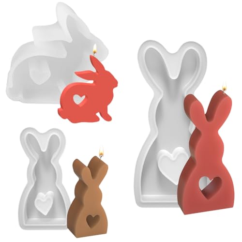 3 Stück Silikonform Ostern, 3D Kaninchen Gießform Ostern, Silikonformen Gießformen, Hasenform für Ostern, DIY Hasenform für Seifenform, Sojawachs Kerzen, Ostern Hase Backform, Kerzenform Silikon von songyea