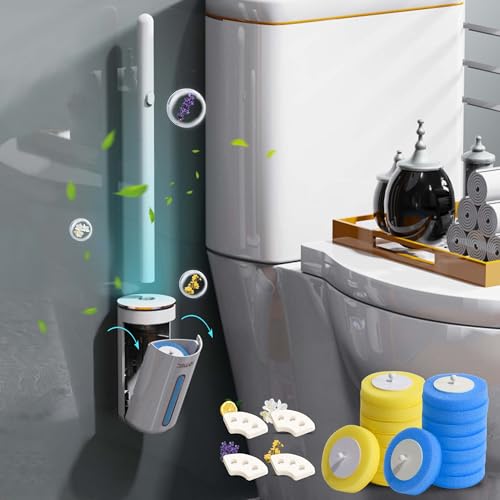 Toilettenbürste Zum Einmalgebrauch, Toilettenbürste mit 16-Austauschbaren Toilettenbürstenköpfen und Aufbewahrungsbehälter, Für Schwer zu Reinigende Toilettenbereiche, die Badreinigung (4 Düfte) von songyea