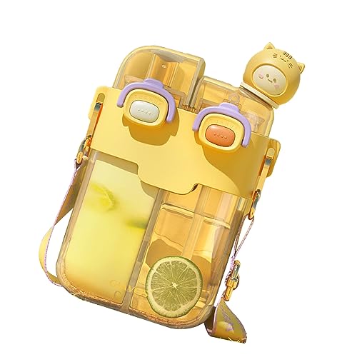 Kawaii Doppel-Trinkflasche, Leichte Tragbare Kawaii-Wasserflasche für Fitnessstudio mit Strohhalm für Yoga, Verstellbarer Schultergurt (Vitalität Gelb 780ml) von soobu
