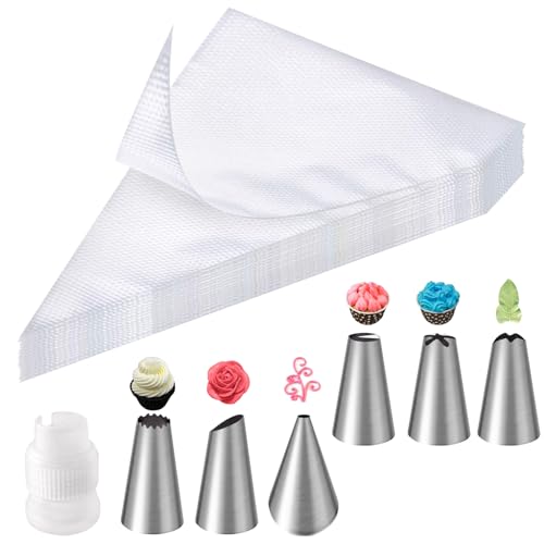 Soodyoow 100 Stück Spritzbeutel Set + 6 Spritztüllen + 1 Kuchen Kupplung, Große Profi-Spritzbeutel für Dekorieren Von Gebäck, Torten, Keksen, Cupcakes von soodyoow