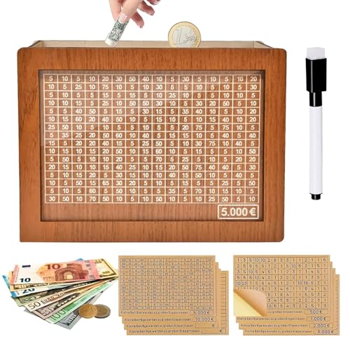 Soodyoow Spardose aus Holz, Wiederverwendbare Spardose, Spardose mit Zähler, Sparbox mit Zahlen Ankreuzen, Retro Sparbüchse Aufbewahrungsbox, für Erwachsene und Kinder mit Sparziel (5000€) von soodyoow