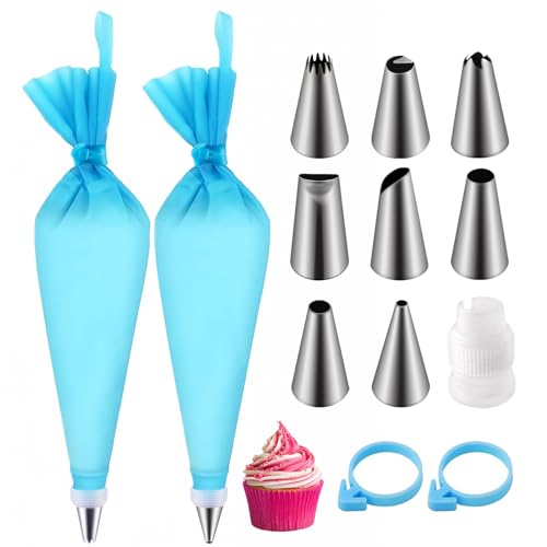 soodyoow Set 13 Spritzbeutel, 8 Tüllen für Spritzbeutel, 2 Spritzbeutel mit Tüllen, Spritzbeutel Set, 1 Adapter, Spritzbeutel Wiederverwendbar, für Dekorieren Von Gebäck, Torten Geeignet, Cupcakes von soodyoow