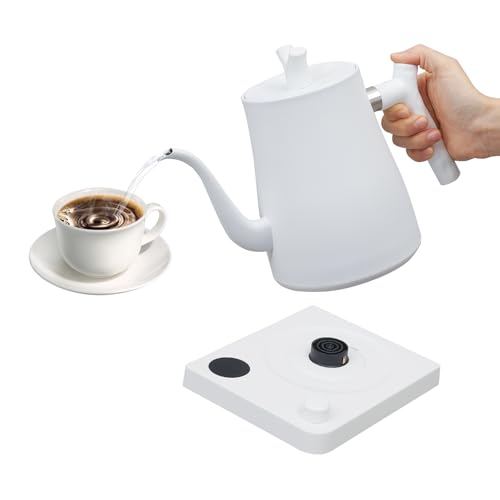 soudesileim 1000W Edelstahl Schwanenhals Wasserkocher Elektrisch mit Intelligenten Sockel, 1L Wasserkocher mit Temperatureinstellung 40–100 °C, Wasser, Kaffee, Tee (Weiß) von soudesileim