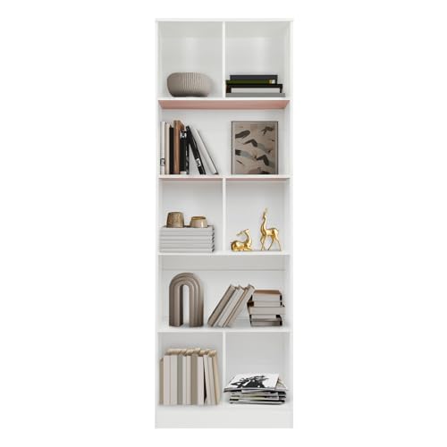 soudesileim 5 Ebenen Bücherregal Stehend, 60x24x180cm, Tragfähigkeit 30kg, Platzsparend, Bücherschrank Schmal, Bücherregal Hoch, Aufbewahrungsregal für Kinderzimmer, Büro (Warmweiß) von soudesileim