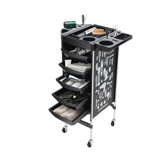 soudesileim Arbeitswagen Friseur mit Rollen, 55x36x90cm, 5 Geräumige Schubladen und Verstellbaren Ausziehbare Oberseite15cm, Friseurwagen, Salon Trolleys für Stylisten (Schwarz) von soudesileim
