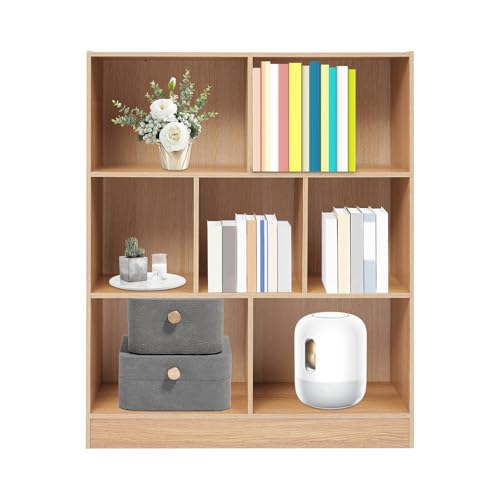 soudesileim Bücherregal mit 7 Fächer, 80x23x100cm, Jedes Tier Tragfähigkeit 15-20kg, Offenes Ablagefach, Regal Wohnzimmer Stehend, Bookshelf Organizer, Würfelregal (Holzfarbe) von soudesileim