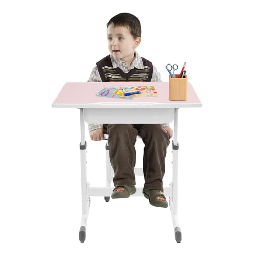 soudesileim Kinderschreibtisch mit Stuhl, Schülerschreibtisch Höhenverstellbar 64-76cm, Stuhl 36-42cm, Diffus Reflektierende Tischfläche, Schreibtisch Set Mädchen, Junge (Rosa, Weiß) von soudesileim