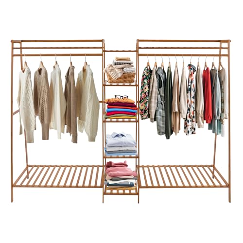 soudesileim Offener Kleiderschrank Ohne Türen, Bambus Kleiderständer mit Haken, Trapezförmigen Design, Hohlregale, Höhe 110cm/190cm, Freistehend Kleiderregal Offen (190x40x140cm) von soudesileim