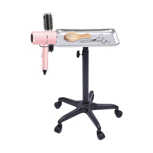 soudesileim Salon Trolleys mit Stützstange, Tablett 43x55cm, max Tragfähigkeit 10kg, Höhenverstellbar 64-106cm, Salonwagen, Friseurwagen für Haarstyling (Silber) von soudesileim