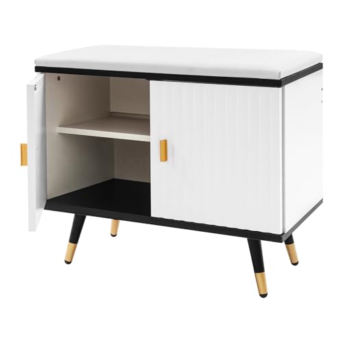 soudesileim schuhbank mit stauraum, schuhschrank mit sitzbank und türen, 2 stufiges Design, 60x30x50cm, Gesamtbelastbarkeit 100kg, Freistehend sitzbank Flur, Wohnzimmer (Schwarz+Weiß+Gold) von soudesileim
