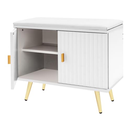 soudesileim schuhbank mit stauraum, schuhschrank mit sitzbank und türen, 2 stufiges Design, 60x30x50cm, Gesamtbelastbarkeit 100kg, Freistehend sitzbank Flur, Wohnzimmer (Weiß+Gold) von soudesileim