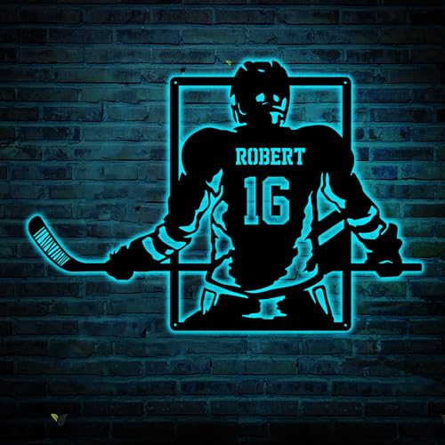 Personalisiertes Namens Und Nummern Eishockey Schild Aus Metall Mit LED, Einzigartiges Individuelles Hockey Wandkunst LED Licht, Hockey Geschenke Für Jungen Schlafzimmer, Geschenk Für Männer von soulglass