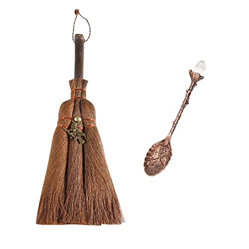 Soulnioi 24,1 cm Hexenaltarbesen Miniatur-Wicca-Bürste, Mähnenbesenstiel für magische Zeremonien, Halloween-Wiccan-Rituale und Retro-Kaffeelöffel, weiße Kristalllegierung, Geschnitzte Eislöffel von soulnioi