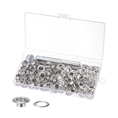 sourcing map 100 Sätze Tülle Werkzeug Kit Silberton 7mm/0,28 Zoll Kupfer Metall Tülle Ösen mit 3stk Installation werkzeuge Aufbewahrungsbox für Schuhe Kleidung Leder DIY von sourcing map
