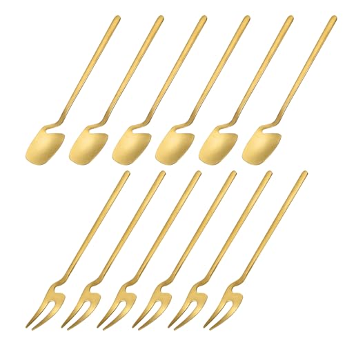 sourcing map 12Stk Edelstahl Mini Dessertlöffel Gabel Set Obstlöffel Gabel Set für Dessert Obst Kaffeekuchen Eiscreme Gold von sourcing map