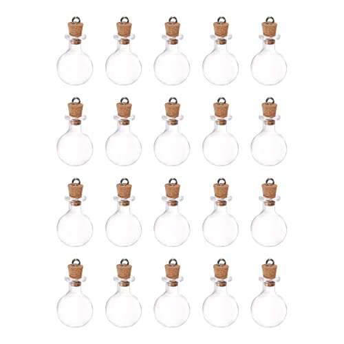sourcing map 20Stk Mini Glas Flaschen mit Korkstopfen Oblate Rund Geformt Winzige Glasgefäße Klein Glasflaschen Klare Wunsch mit Ring für Handwerk Kunst Handarbeiten Party Dekoration von sourcing map
