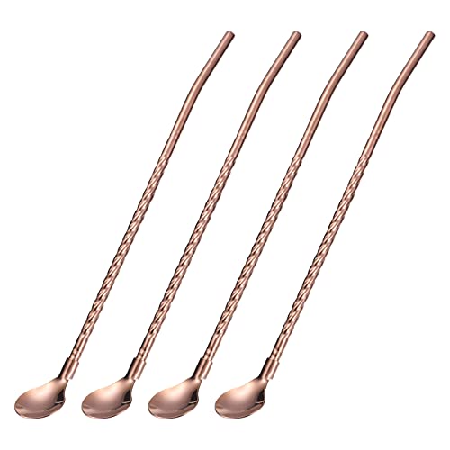 sourcing map 4Stk Edelstahl Löffel Strohhalme 8.6" Wiederverwendbar Metall Lang Griff Trinken Strohhalme Löffel für Milkshake Getränke Cocktail mit Drehgriff Rose Gold von sourcing map