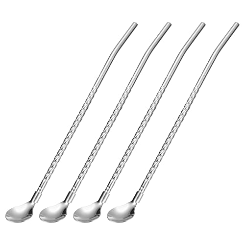 sourcing map 4Stk Edelstahl Löffel Strohhalme 8.6" Wiederverwendbar Metall Lang Griff Trinken Strohhalme Löffel für Milkshake Getränke Cocktail mit Drehgriff Silber von sourcing map