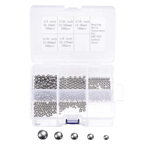 sourcing map 500 Stück 5 Größe Lagerkugeln Sortiment Kohlenstoffstahl 1/4" 7/32" 3/16" 5/32" 1/8" mit Aufbewahrungsbox von sourcing map