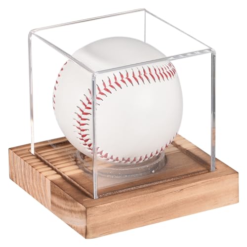 sourcing map Baseball-Vitrine mit Holzsockel, Acryl-Baseballhalter zur Präsentation von Erinnerungsstücken, Walnussholz von sourcing map