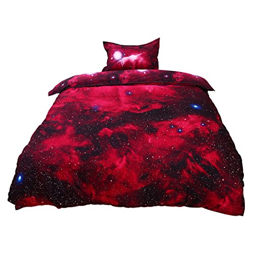 sourcing map Bettwäsche Set Bettbezug & Kissenbezug 2tlg 150x210cm 3D gedrucktes Nachthimmel-Muster 50% Baumwolle, 50% Polyester Rot von uxcell