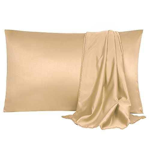 sourcing map Satin Kissenbezug Kissenbezüge Kopfkissenbezug 2 Stück Satin Serie Kissenhülle Set Glatter Stoff Super weich und atmungsaktiv pflegeleicht bügelfrei Dunkel Gold 51x76cm von sourcing map