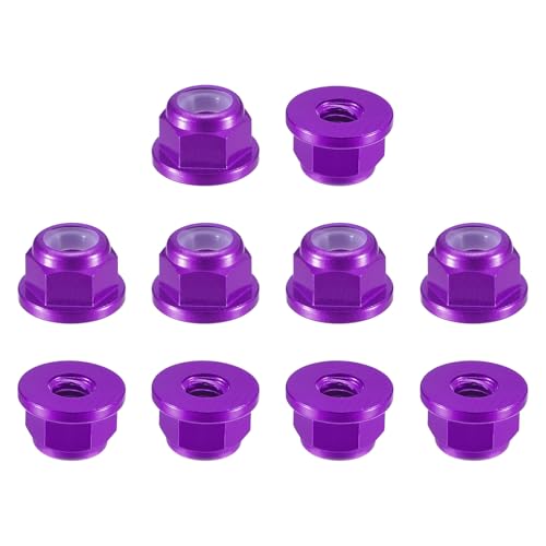 sourcing map Sechskant-Kontermuttern mit Nylon-Einsatz, M2,5 x 0,45 mm, Aluminiumlegierung, selbstsichernde Mutter, eloxierte Flansch-Kontermutter für Befestigungselemente, 10 Stück (lila) von sourcing map