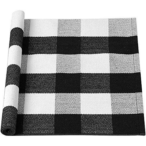 sourcing map Teppich Wohnzimmer Waschbare Matte Schlafzimmer Plaid Baumwolle In- & Outdoor Gewebte Buffalo-Teppich Karierten Matten Schwarz-Weiß 60x180cm von sourcing map