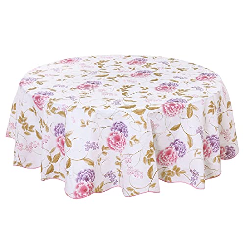sourcing map Tischdecke Tischtuch Tischwäsche abwaschbar rund frühling wasserdicht, öldicht, schmutzabweisend Blumenmuster Lila & rote Pfingstrosenblüten Rund 152cm von sourcing map