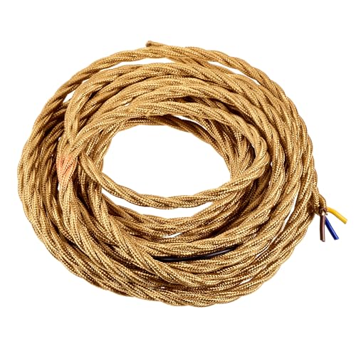 sourcing map Verdrillter stoffummantelter Draht 3-adrig 18AWG 5 Meter/16,4 Fuß Vintage-Gewebe-Stromkabel für Pendelleuchte DIY-Projekt Goldton Farbton von sourcing map