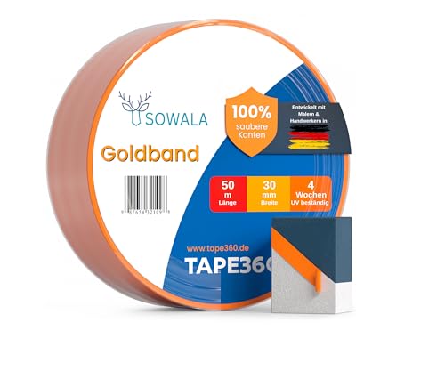 Goldband Malerkrepp 10 Rollen 30 mm x 50 m | 30 Tage UV-beständiges Klebeband | Washi Tape für scharfe Farbkanten | Malerband für Innen & Außen | Kreppband von sowala