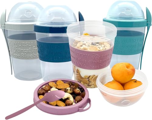 spar-home® 4er Set Joghurtbecher To Go 600ml –Müslibecher To Go mit Löffel Müsli To Go Becher mit Deckel für Joghurt Müsli Essen im Unterwegs Büro Schule (Bunt_4er) von spar-home