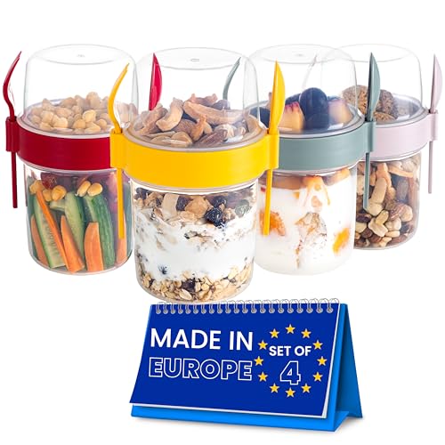 spar-home Müslibecher To Go – 4er Set Joghurtbecher To Go mit Löffel und Gabel Müsli To Go Becher 600 ml für Yoghurt Müsli Essen im Unterwegs Büro Schule (4er-Bunt) von spar-home