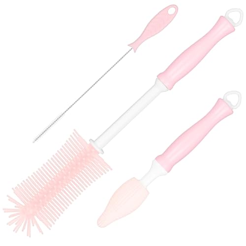 Flaschenreinigungsbürste aus Silikon, Babyflaschenreinigungsbürsten-Set mit Nippelbürste & Strohhalmbürste, extra Langer Griff für Babyflaschen, Milchpumpen, abnehmbar & aufhängbar, rosa von sparkleing