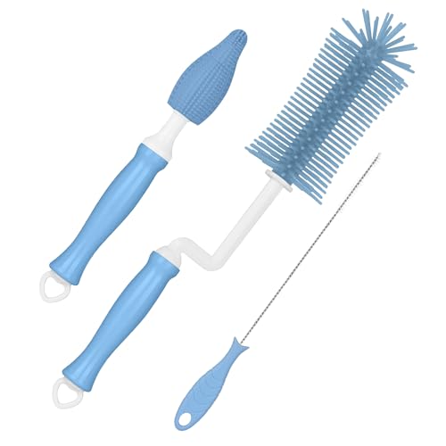 Silikon 360° drehbare Babyflaschen-Reinigungsbürste, Flaschenbürsten-Reinigungsset mit Nippelbürste Strohhalmbürste, Langer Stiel Flaschenbürste für Babyflaschen, Milchpumpen, abnehmbar, blau von sparkleing
