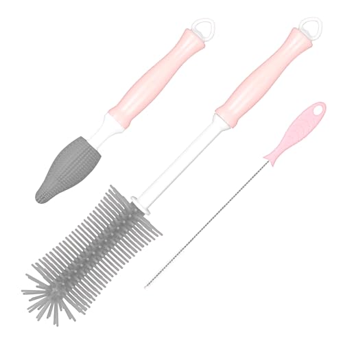 Silikon Babyflaschen-Reinigungsbürste, Flaschenbürsten-Reinigungsset mit Nippelbürste & Strohhalmbürste, extra Langer Stiel Flaschenbürste für Babyflaschen, Milchpumpen, abnehmbar & aufhängbar, grau von sparkleing