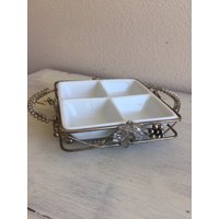 Vintage Silber Traube Reben Blätter Und Weiße Keramik Dip Tablett von sparklinggirl
