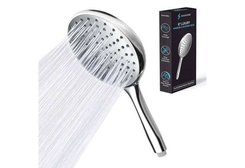 sparkpod Handbrause XXL Regendusche Hochdruck Handbrause 6 Strahlarten Poliertem Chrom, (Extra große Duschfläche mit intensiver Wasserdruckleistung, 4-tlg., Regenduschkopf mit verstellbarem Wasserdruck und langlebigem Design), Hochglanz-Chrom Handbrause mit extrabreitem Wasserstrahl von sparkpod