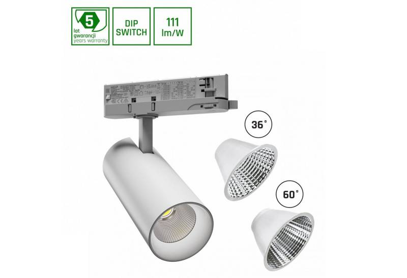 spectrum LED Schienensystem-Leuchten LED 3Phasen Stromschienenstrahler 15-27W 3000lm weiß 36/60° Warm 3000K, 17 cm, DIP Switch einstellbare Leistung der leuchte, schwenkbar, 36°oder 60° von spectrum LED
