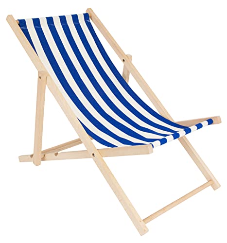 specwood Strandliege Klappbar Leicht - 119x58 cm - Liegestuhl klappbar Holz für Garten, Balkon - Sonnenliege Holz wetterfest - Klappliegestuhl aus Buche mit Baumwollstoff - Strandstuhl - Weiß & Blau von specwood
