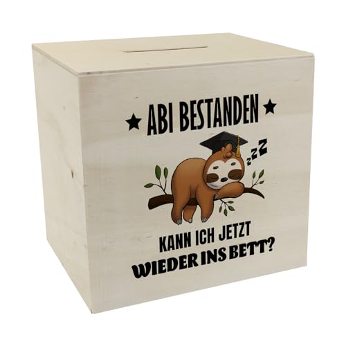 Abi bestanden Faultier Spardose aus Holz mit Spruch zurück ins Bett Abschlussgeschenk Abitur Faultier-Style faul nach Prüfung Schule vorbei TV Relax von speecheese