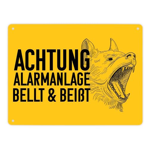 Achtung Alarmanlage bellt und beißt Metallschild XL in 21x28 cm mit Hunde Motiv Blechschild für Hundebesitzer mit bellendem Hund um Einbrecher abzuschrecken für deine Sicherheit von speecheese