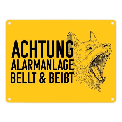 Achtung Alarmanlage bellt und beißt Metallschild in 15x20 cm mit Hunde Motiv Blechschild für Hundebesitzer mit bellendem Hund um Einbrecher abzuschrecken für deine Sicherheit von speecheese