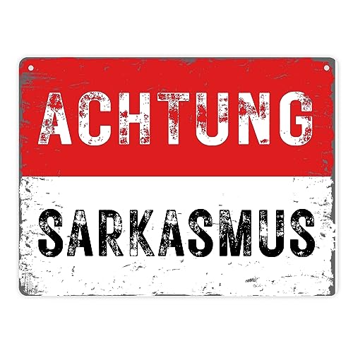 Achtung Sarkasmus Metallschild XL in 21x28 cm in rot-weiß im Used Look Perfekt für die Zyniker am Arbeitsplatz Sarkasmus Ironie Blechschild Dekoschild Retro Warnschild Vintage Büro von speecheese