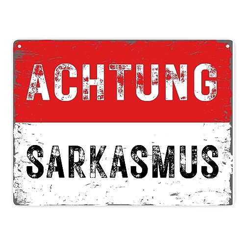 Achtung Sarkasmus Metallschild XXL in 28x38 cm in rot-weiß im Used Look Perfekt für die Zyniker am Arbeitsplatz Sarkasmus Ironie Blechschild Dekoschild Retro Warnschild Vintage von speecheese